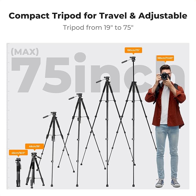 K&F Concept 75″ Lightweight Aluminum Camera & Smartphone Tripod – Travel, Vlog, & Video Ready